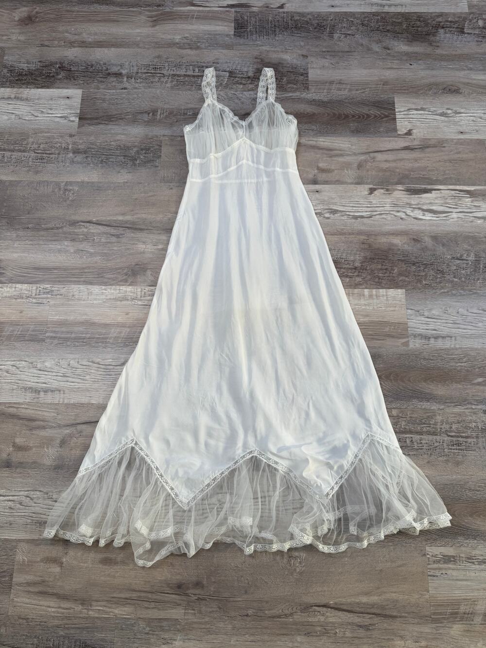 Vintage 50s White Satin Nightgown Sheer Tulle Ruffle Bridal Boudoir Coquette S